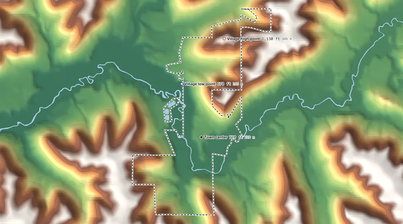 Topographic elevation map of Chaseburg, Wisconsin, shaded from 670 ft on the north side to 1,130 ft on the north side