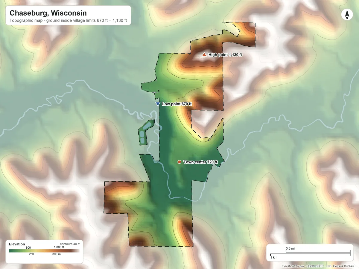 Topographic elevation map of Chaseburg, Wisconsin, shaded from 670 ft on the north side to 1,130 ft on the north side