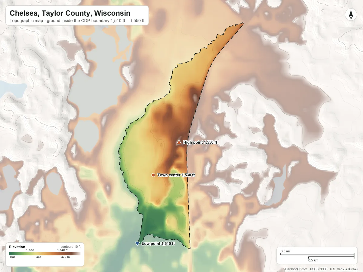 Topographic elevation map of Chelsea, Taylor County, Wisconsin, shaded from 1,510 ft on the south side to 1,550 ft on the northeast side