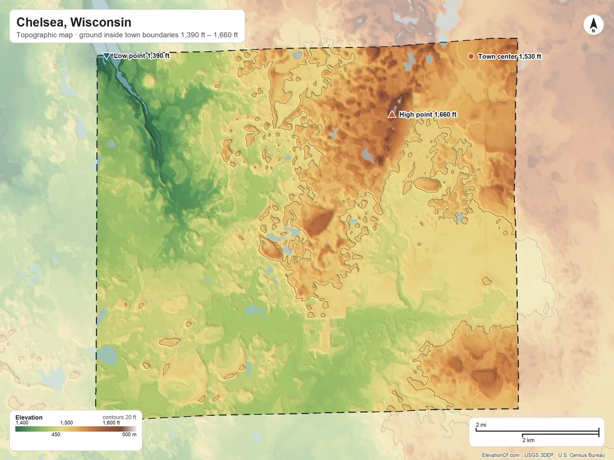 Topographic elevation map of Chelsea, Wisconsin, shaded from 1,390 ft on the west side to 1,660 ft on the southwest side