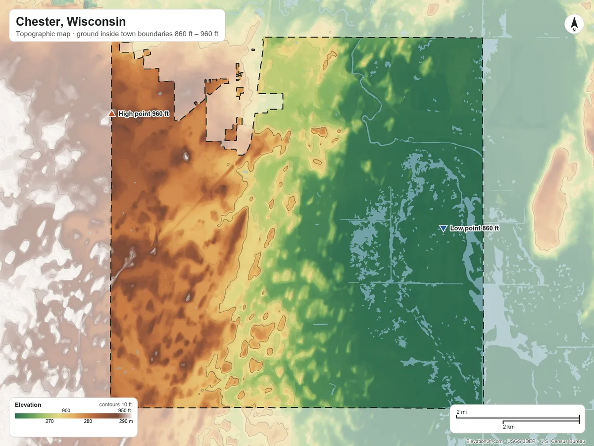 Topographic elevation map of Chester, Wisconsin, shaded from 860 ft on the east side to 960 ft on the northwest side