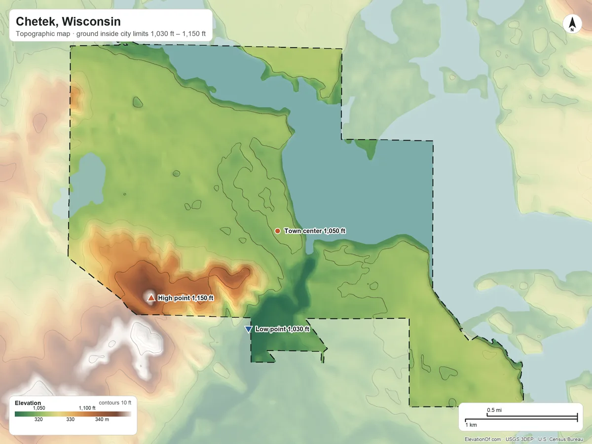 Topographic elevation map of Chetek, Wisconsin, shaded from 1,030 ft on the south side to 1,150 ft on the southwest side