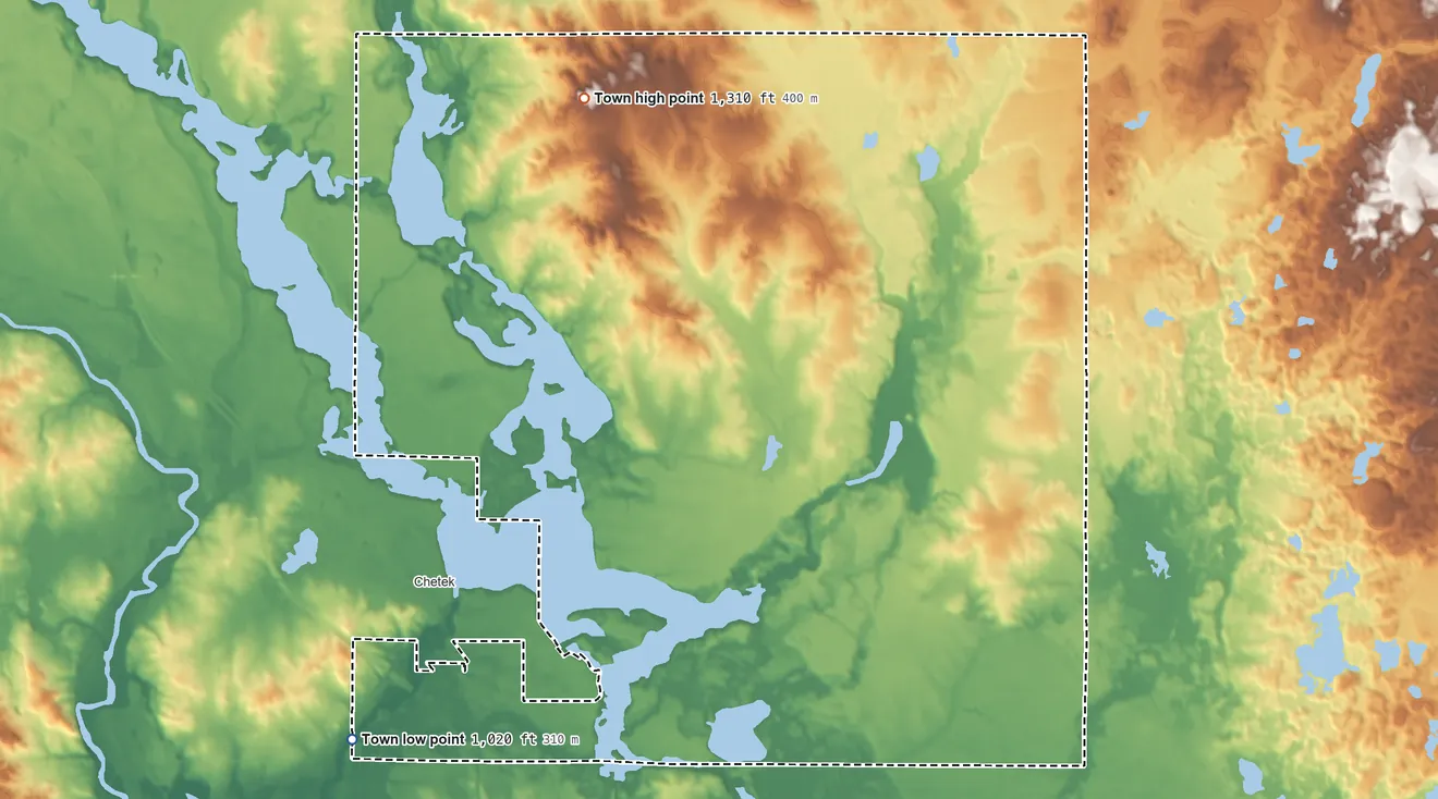 Topographic elevation map of Town of Chetek, Wisconsin, shaded from 1,020 ft on the southwest side to 1,310 ft on the north side