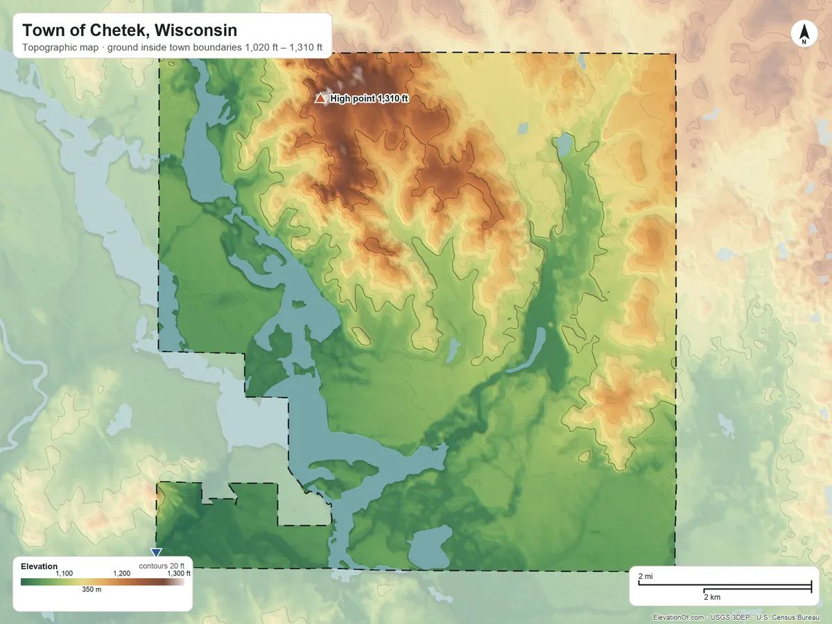 Topographic elevation map of Town of Chetek, Wisconsin, shaded from 1,020 ft on the southwest side to 1,310 ft on the north side