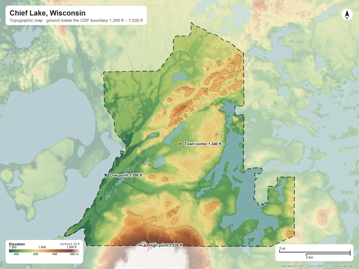 Topographic elevation map of Chief Lake, Wisconsin, shaded from 1,290 ft on the southwest side to 1,530 ft on the south side