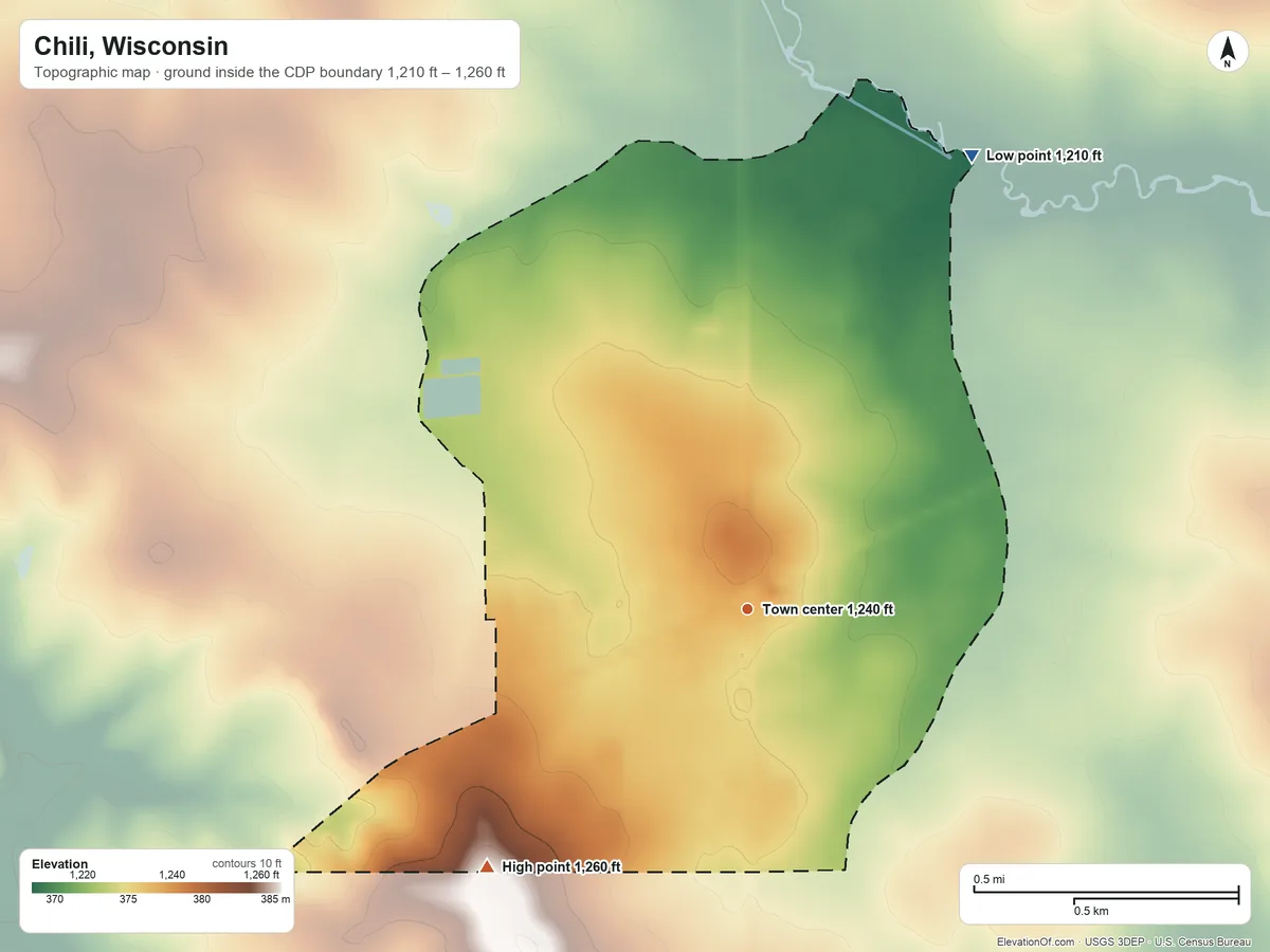 Topographic elevation map of Chili, Wisconsin, shaded from 1,210 ft on the northeast side to 1,260 ft on the southwest side