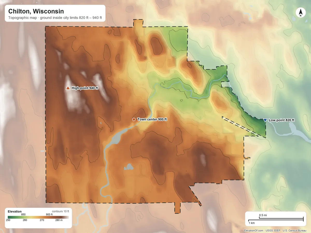 Topographic elevation map of Chilton, Wisconsin, shaded from 820 ft on the east side to 940 ft on the northwest side