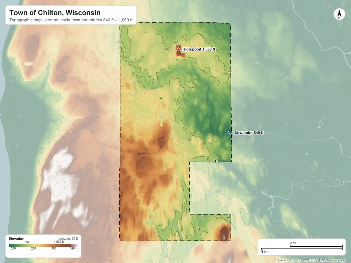 Topographic elevation map of Town of Chilton, Wisconsin, shaded from 840 ft on the east side to 1,060 ft on the north side