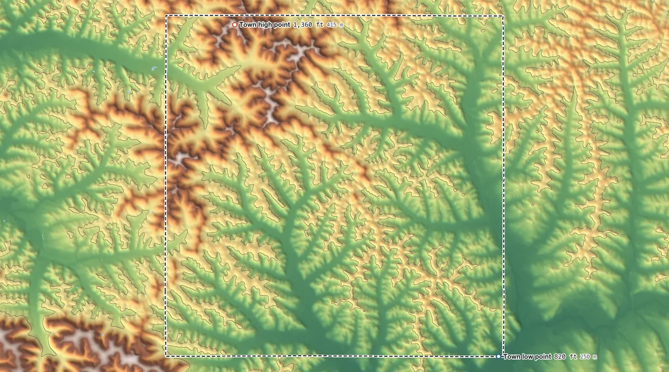Topographic elevation map of Chimney Rock, Wisconsin, shaded from 820 ft on the southeast side to 1,360 ft on the northwest side