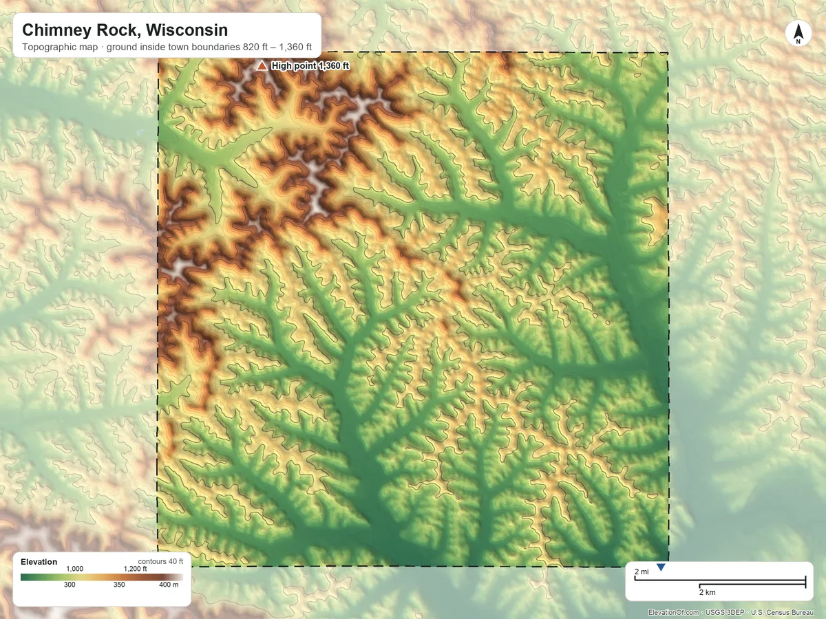 Topographic elevation map of Chimney Rock, Wisconsin, shaded from 820 ft on the southeast side to 1,360 ft on the northwest side