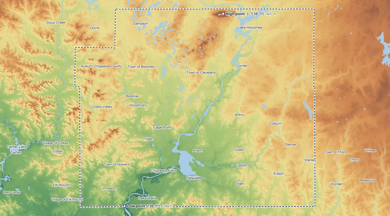Topographic elevation map of Chippewa County, Wisconsin, shaded from 790 ft on the southwest side to 1,530 ft on the north side