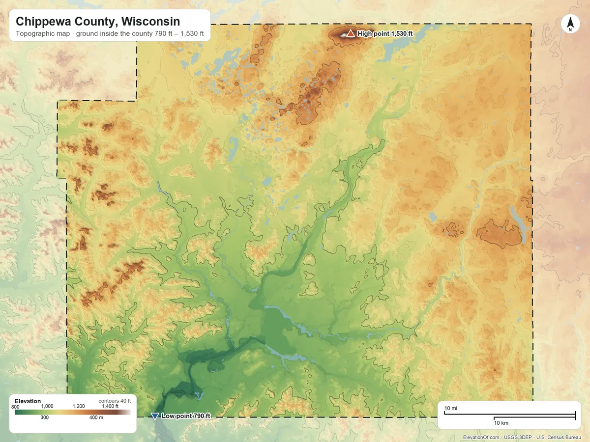 Topographic elevation map of Chippewa County, Wisconsin, shaded from 790 ft on the southwest side to 1,530 ft on the north side