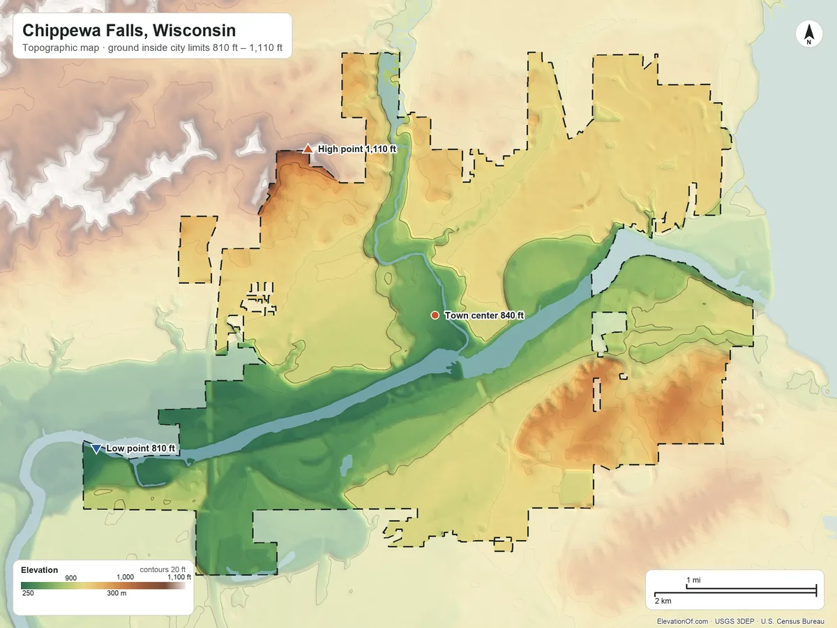 Topographic elevation map of Chippewa Falls, Wisconsin, shaded from 810 ft on the west side to 1,110 ft on the northwest side