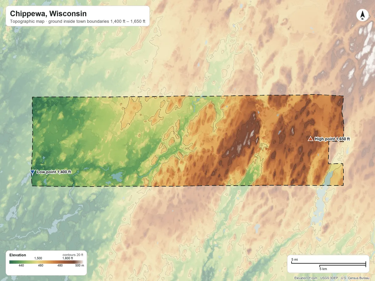 Topographic elevation map of Chippewa, Wisconsin, shaded from 1,400 ft on the west side to 1,650 ft near the middle