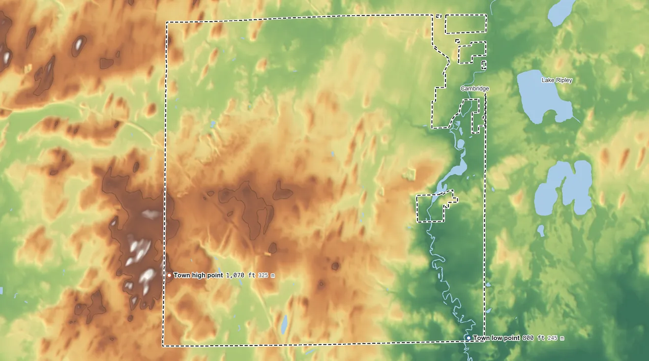 Topographic elevation map of Christiana, Wisconsin, shaded from 800 ft on the southeast side to 1,070 ft on the southwest side
