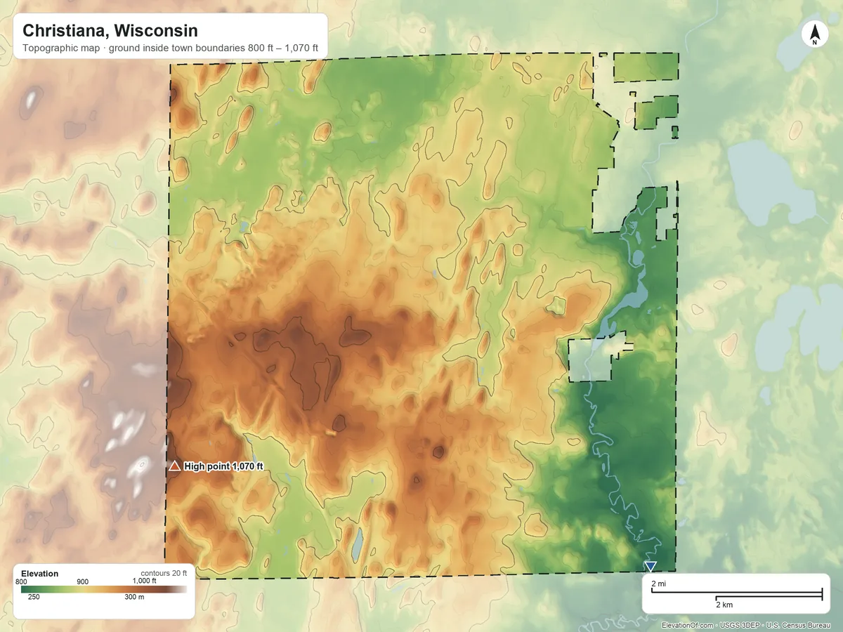 Topographic elevation map of Christiana, Wisconsin, shaded from 800 ft on the southeast side to 1,070 ft on the southwest side