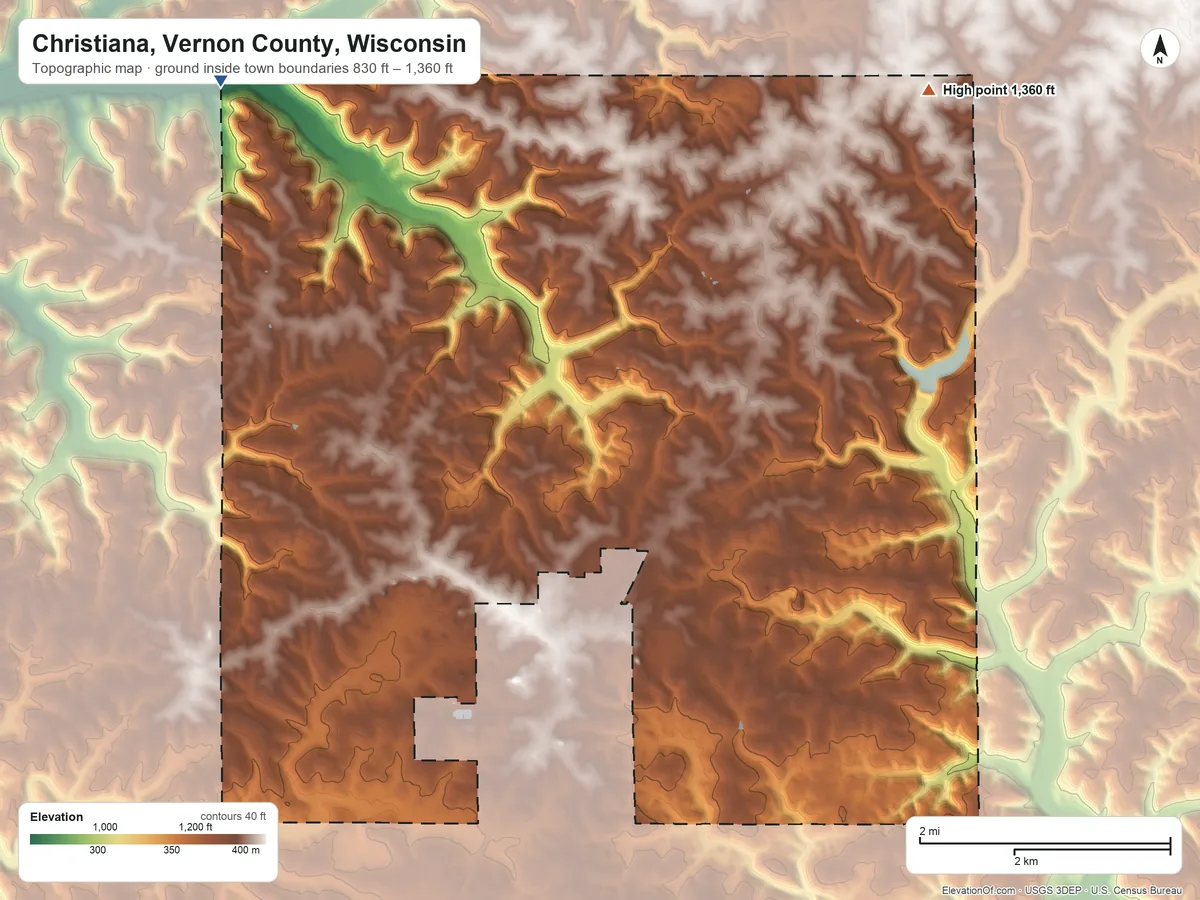 Topographic elevation map of Christiana, Vernon County, Wisconsin, shaded from 830 ft on the northwest side to 1,360 ft on the northeast side