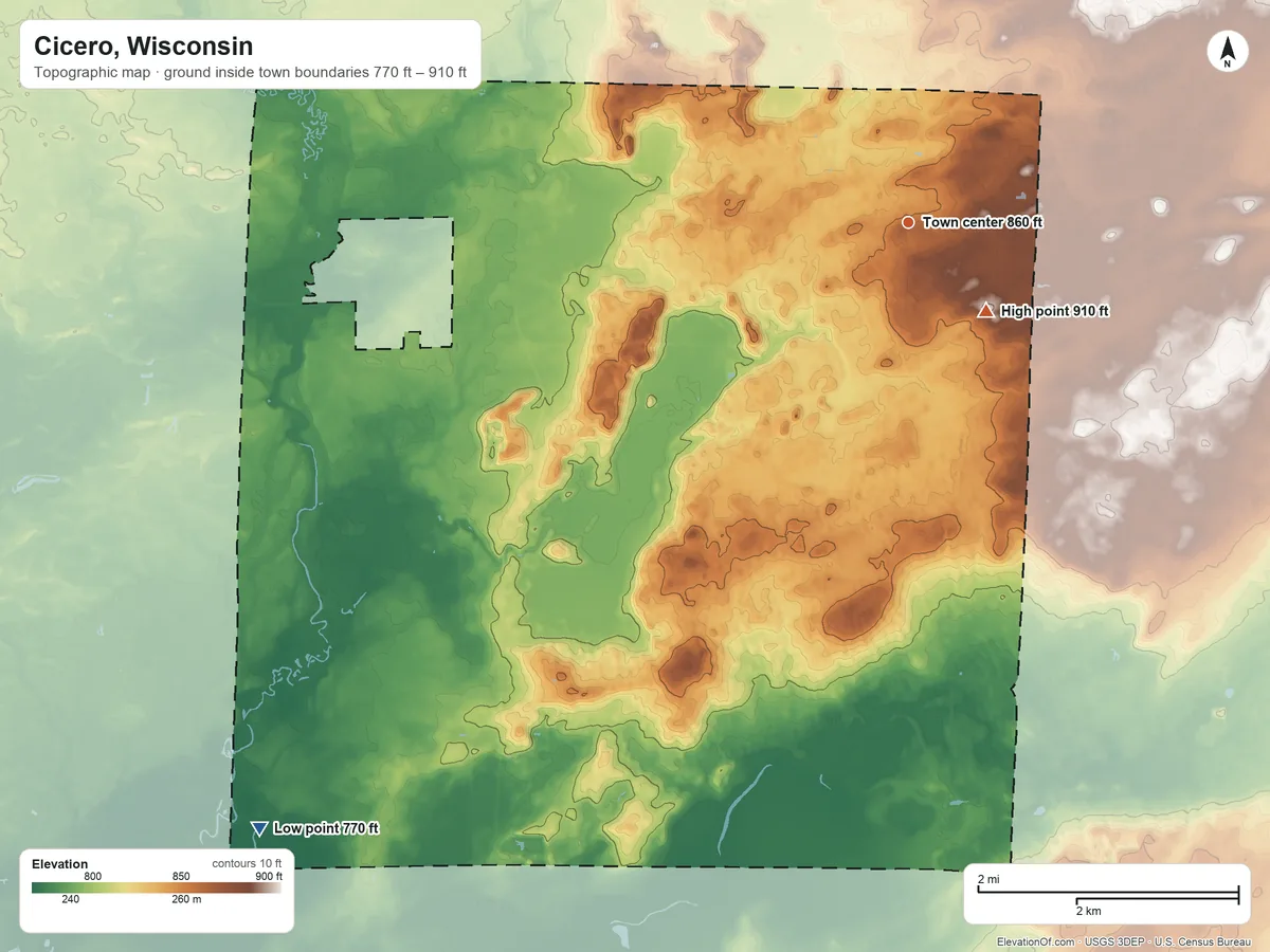 Topographic elevation map of Cicero, Wisconsin, shaded from 770 ft on the southwest side to 910 ft on the southeast side