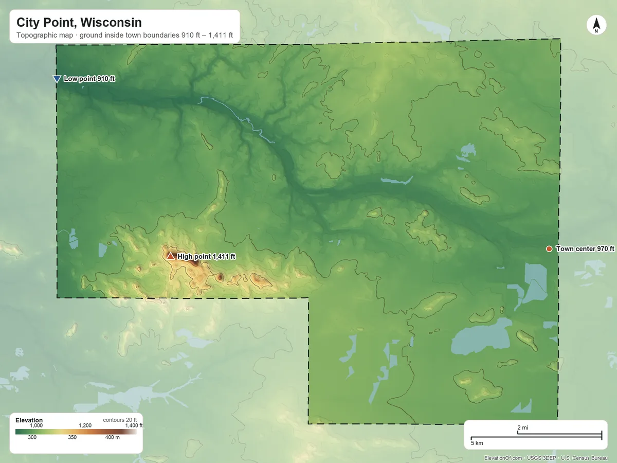 Topographic elevation map of City Point, Wisconsin, shaded from 910 ft on the west side to 1,411 ft on Saddle Mound