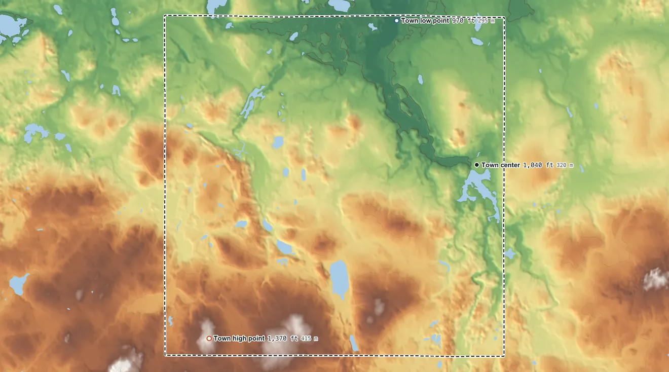 Topographic elevation map of Clam Falls, Wisconsin, shaded from 970 ft on the northwest side to 1,370 ft on the southwest side