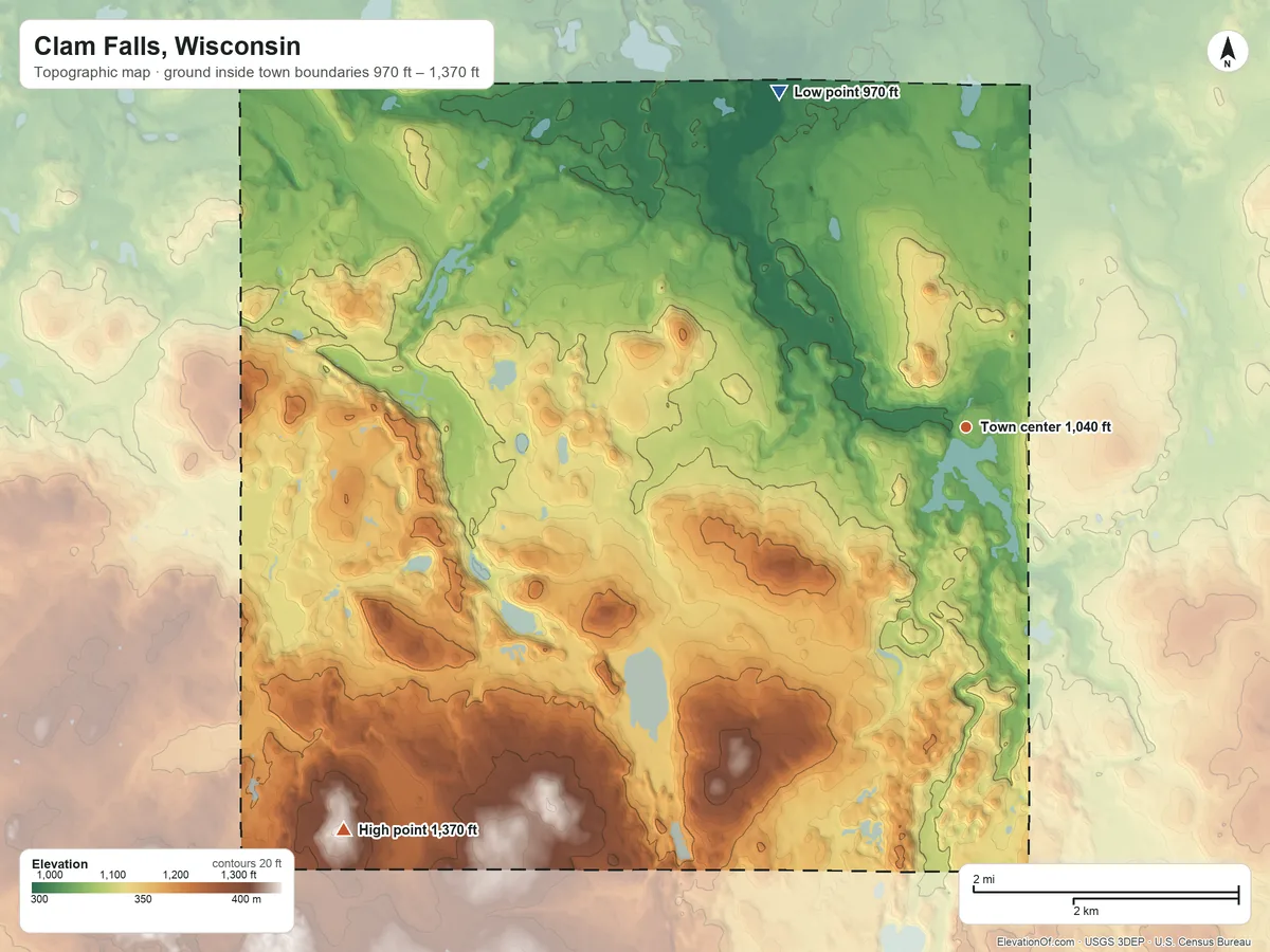 Topographic elevation map of Clam Falls, Wisconsin, shaded from 970 ft on the northwest side to 1,370 ft on the southwest side