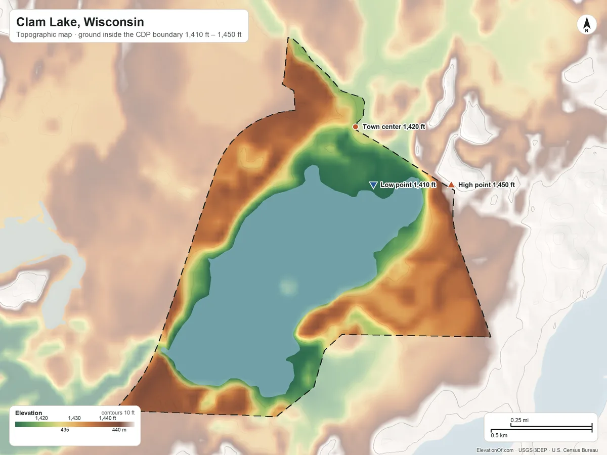 Topographic elevation map of Clam Lake, Wisconsin, shaded from 1,410 ft on the south side to 1,450 ft on the southeast side