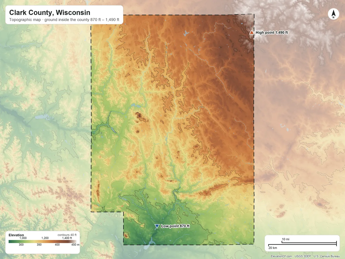 Topographic elevation map of Clark County, Wisconsin, shaded from 870 ft on the south side to 1,490 ft on the northeast side