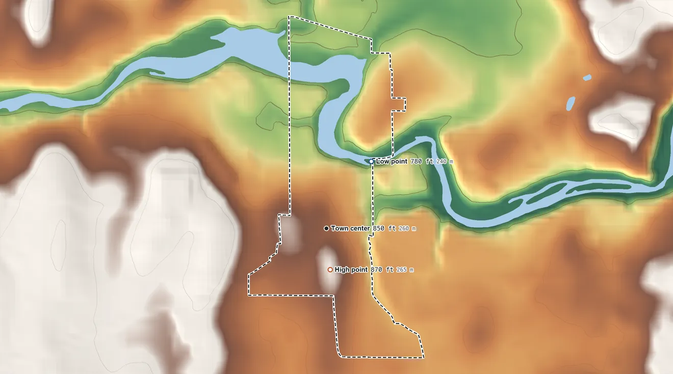 Topographic elevation map of Clarks Mills, Wisconsin, shaded from 780 ft on the northeast side to 870 ft on the south side