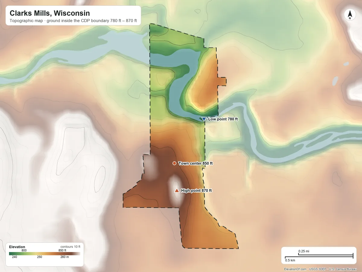 Topographic elevation map of Clarks Mills, Wisconsin, shaded from 780 ft on the northeast side to 870 ft on the south side
