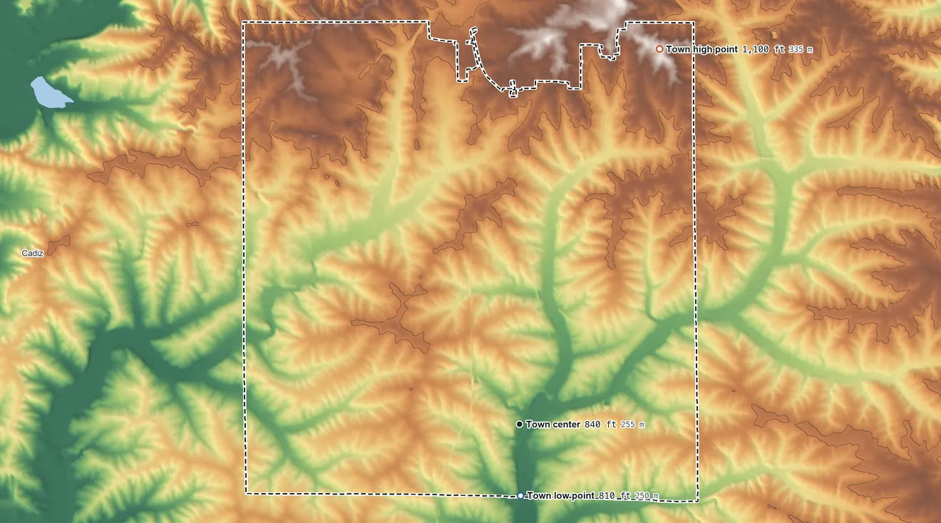 Topographic elevation map of Clarno, Wisconsin, shaded from 810 ft on the south side to 1,100 ft on the north side