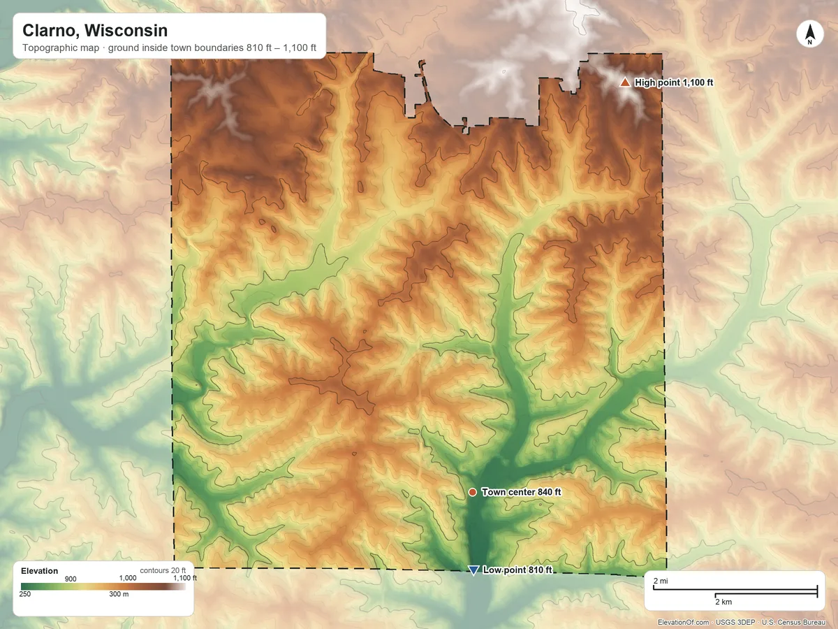 Topographic elevation map of Clarno, Wisconsin, shaded from 810 ft on the south side to 1,100 ft on the north side