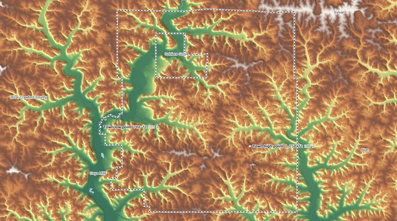 Topographic elevation map of Clayton, Crawford County, Wisconsin, shaded from 700 ft on the west side to 1,250 ft on the southeast side