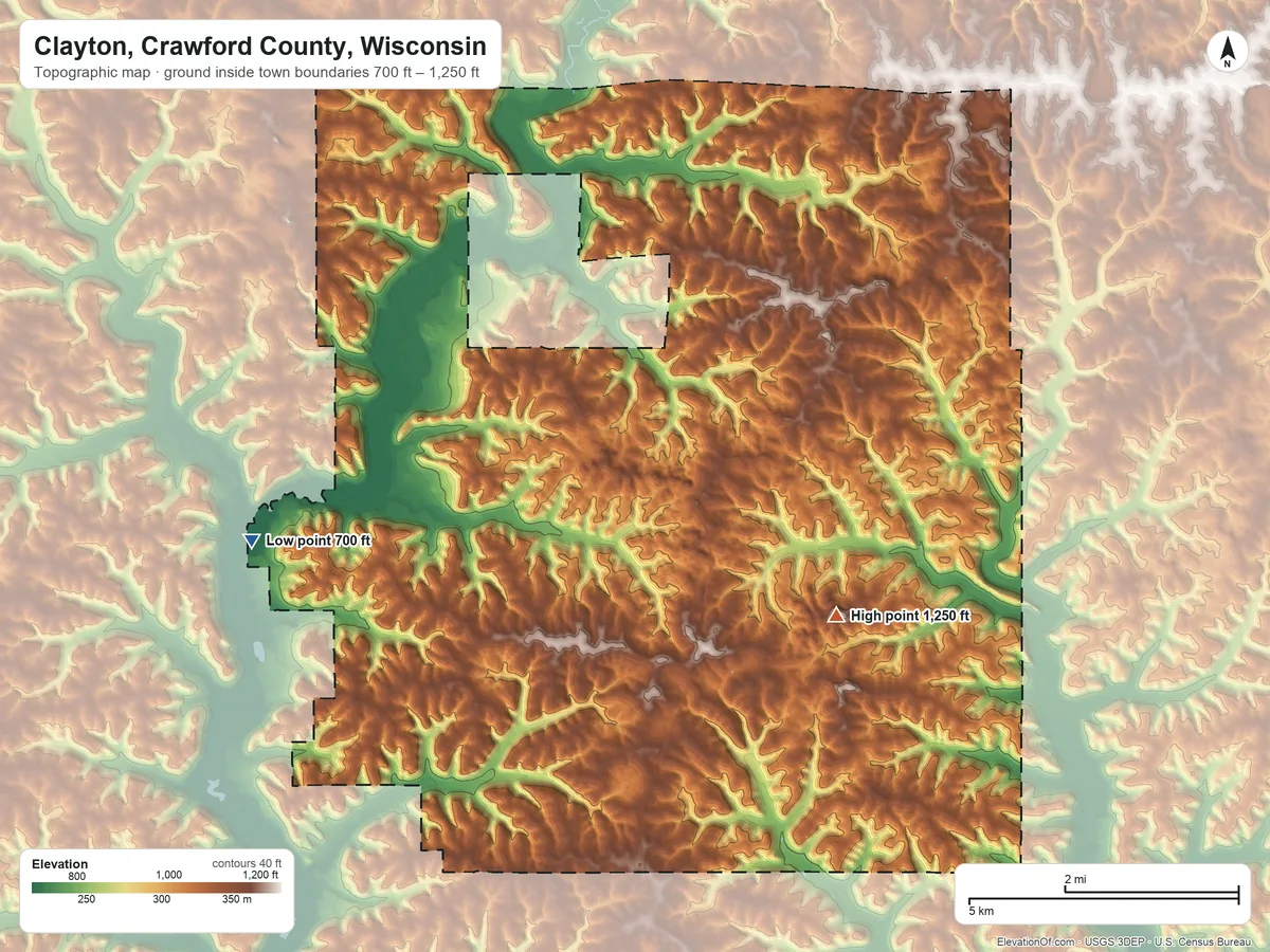 Topographic elevation map of Clayton, Crawford County, Wisconsin, shaded from 700 ft on the west side to 1,250 ft on the southeast side