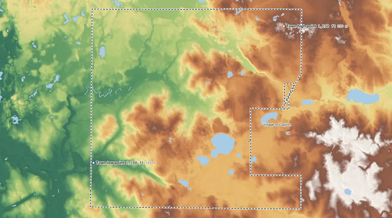 Topographic elevation map of Clayton, Polk County, Wisconsin, shaded from 1,100 ft on the west side to 1,280 ft on the northeast side