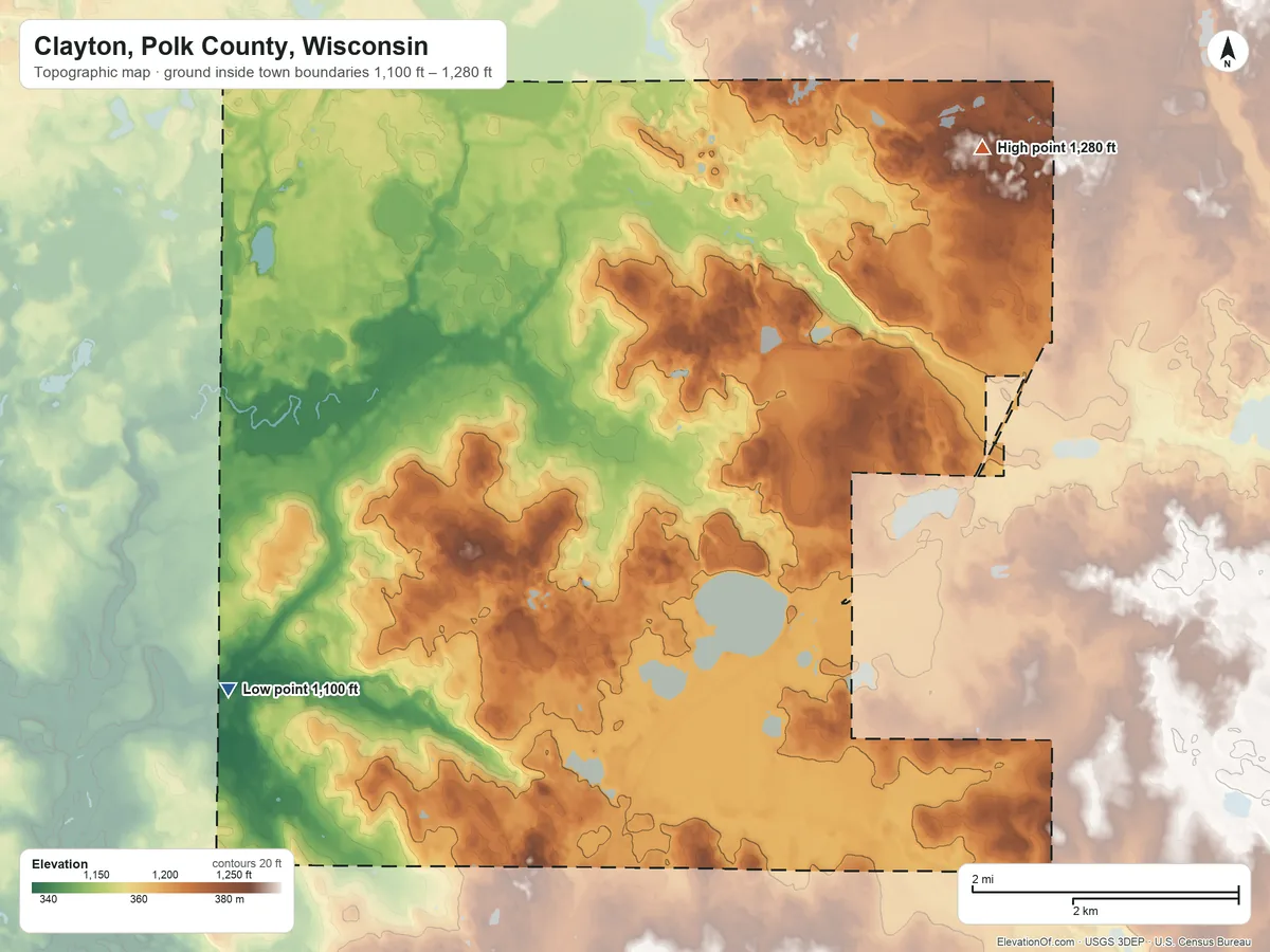 Topographic elevation map of Clayton, Polk County, Wisconsin, shaded from 1,100 ft on the west side to 1,280 ft on the northeast side