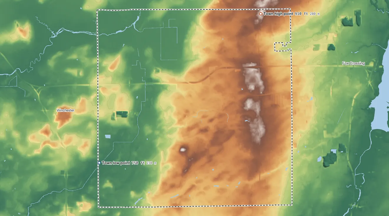 Topographic elevation map of Clayton, Wisconsin, shaded from 750 ft on the west side to 910 ft on the northeast side