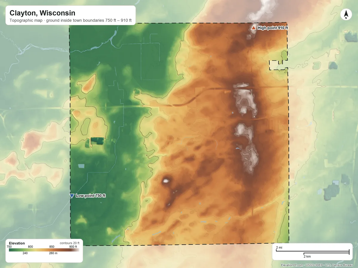Topographic elevation map of Clayton, Wisconsin, shaded from 750 ft on the west side to 910 ft on the northeast side