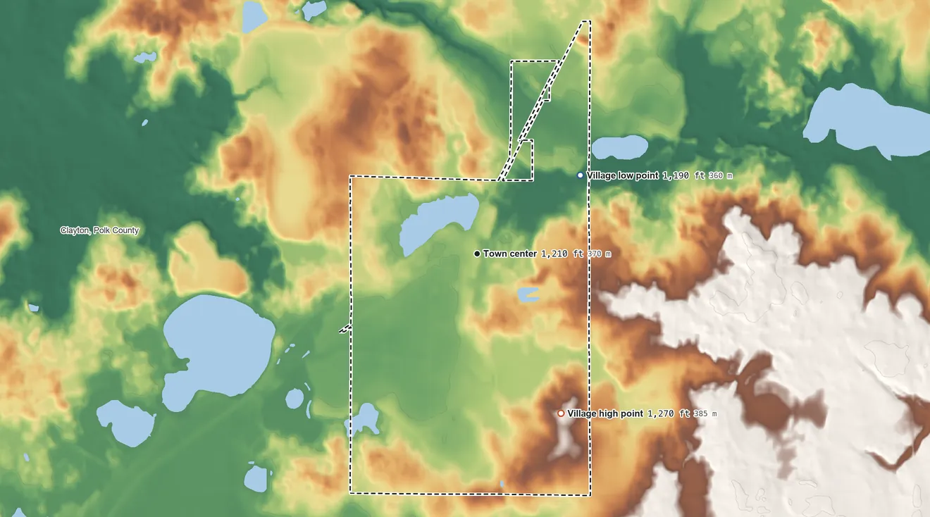 Topographic elevation map of Village of Clayton, Wisconsin, shaded from 1,190 ft on the northeast side to 1,270 ft on the southeast side