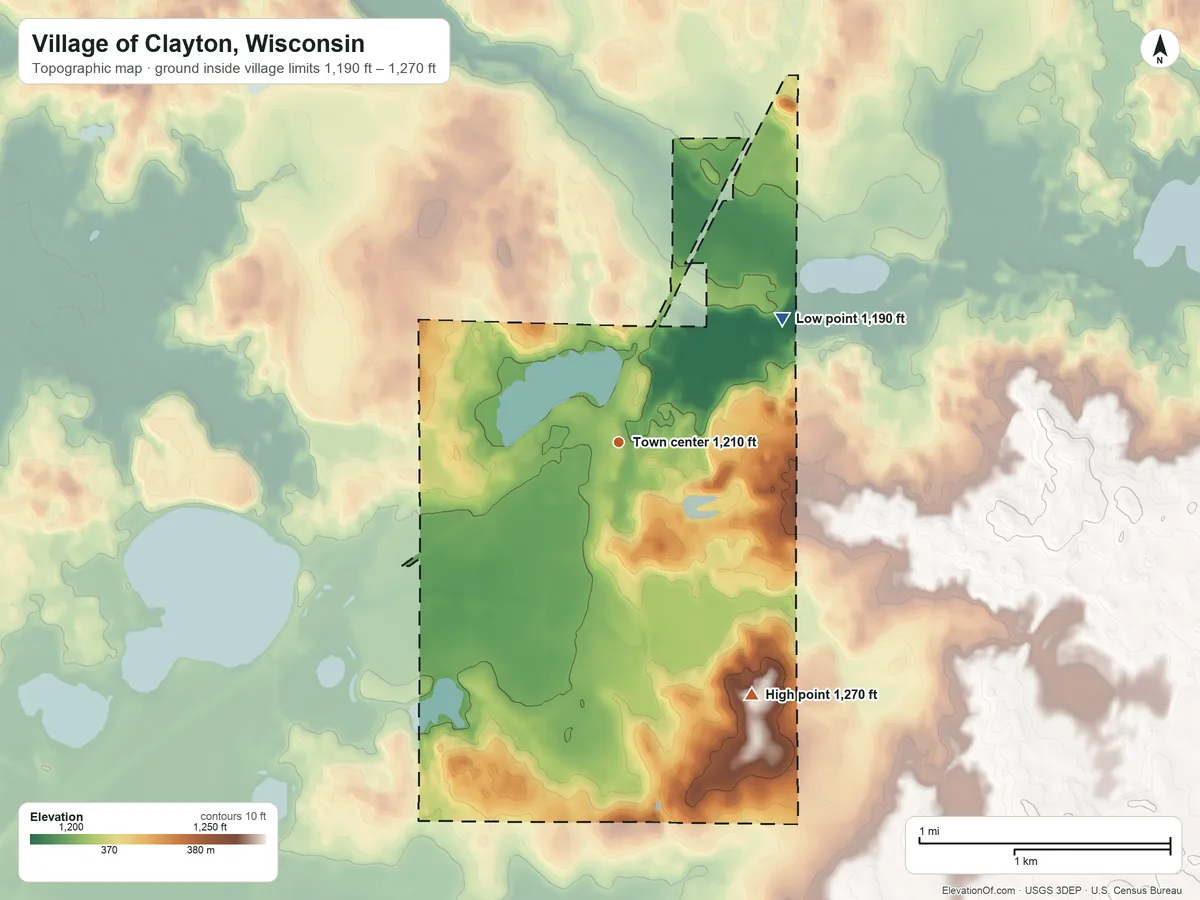 Topographic elevation map of Village of Clayton, Wisconsin, shaded from 1,190 ft on the northeast side to 1,270 ft on the southeast side