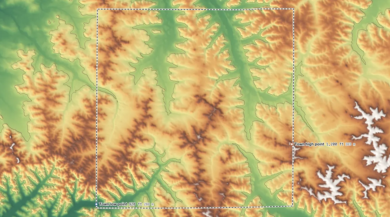 Topographic elevation map of Clear Creek, Wisconsin, shaded from 920 ft on the southwest side to 1,200 ft on the southeast side