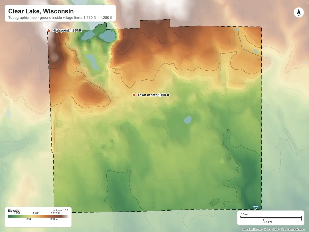 Topographic elevation map of Clear Lake, Wisconsin, shaded from 1,130 ft on the southeast side to 1,280 ft on the northwest side