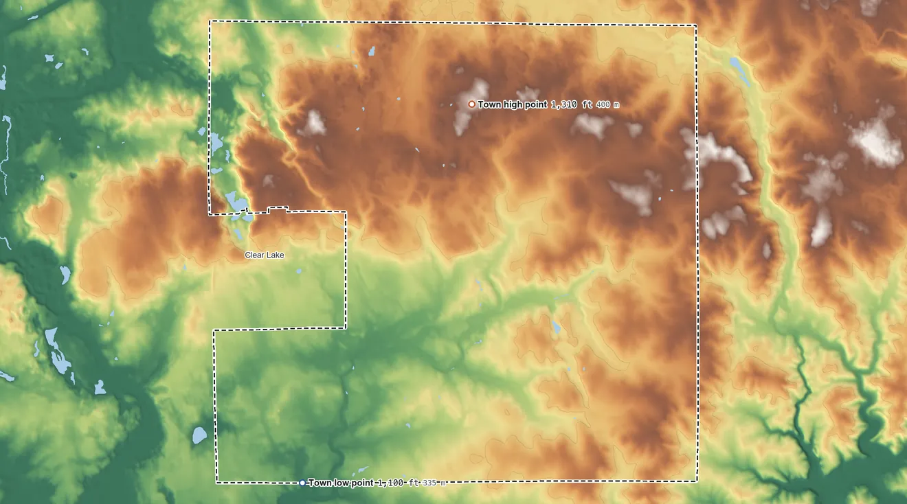 Topographic elevation map of Town of Clear Lake, Wisconsin, shaded from 1,100 ft on the southwest side to 1,310 ft on the north side