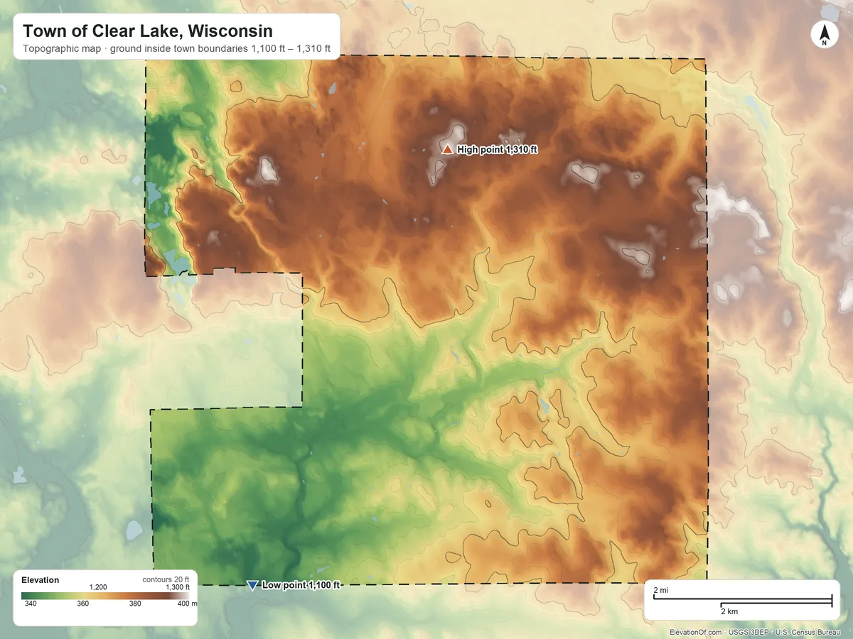 Topographic elevation map of Town of Clear Lake, Wisconsin, shaded from 1,100 ft on the southwest side to 1,310 ft on the north side