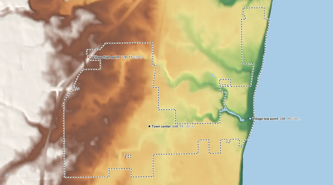 Topographic elevation map of Cleveland, Wisconsin, shaded from 580 ft on the east side to 720 ft on the northwest side