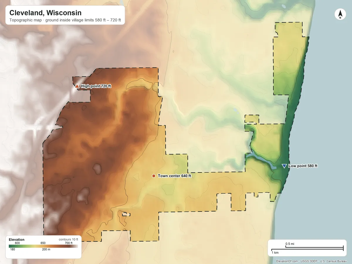Topographic elevation map of Cleveland, Wisconsin, shaded from 580 ft on the east side to 720 ft on the northwest side