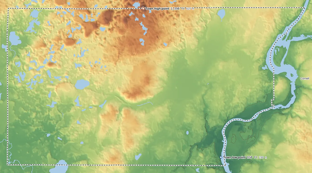 Topographic elevation map of Town of Cleveland, Wisconsin, shaded from 950 ft on the southeast side to 1,390 ft on Baldy Mountain