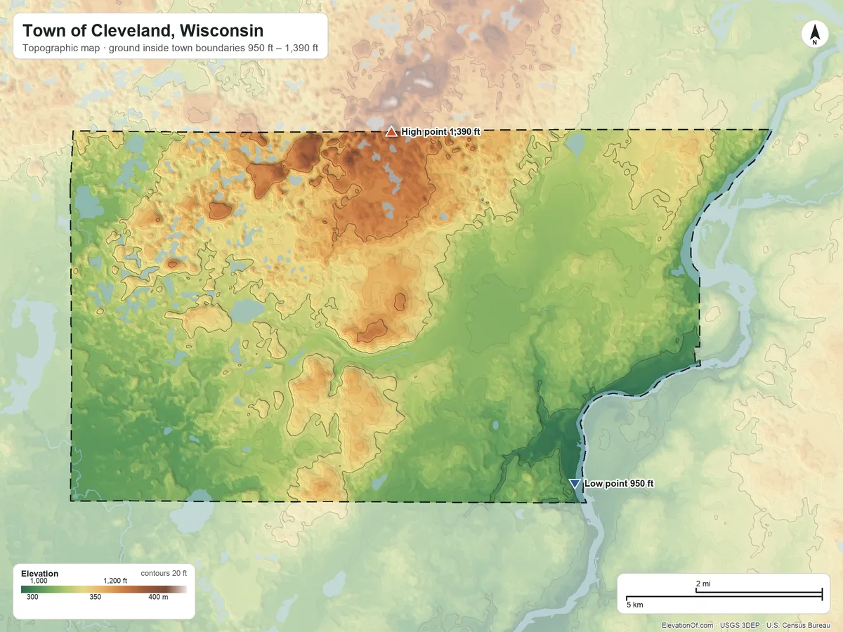 Topographic elevation map of Town of Cleveland, Wisconsin, shaded from 950 ft on the southeast side to 1,390 ft on Baldy Mountain