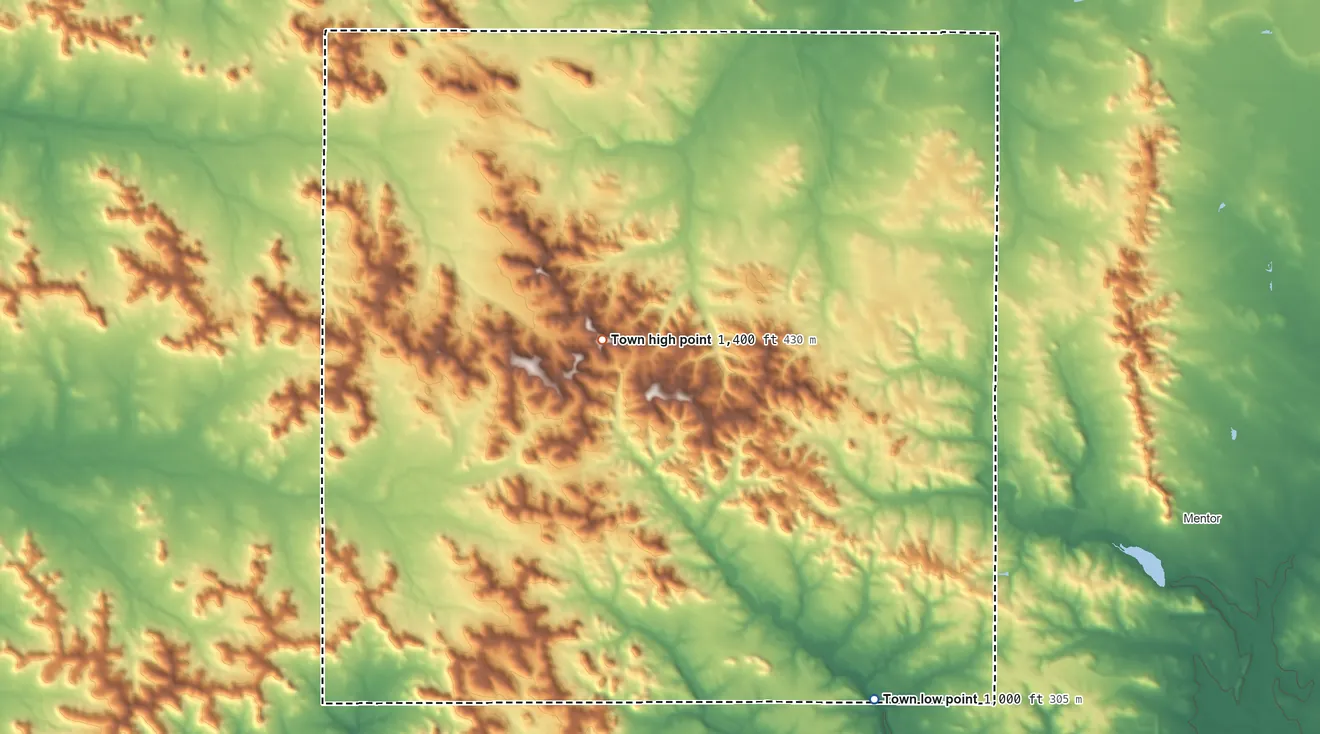 Topographic elevation map of Town of Cleveland, Wisconsin, shaded from 1,000 ft on the southeast side to 1,400 ft near the middle
