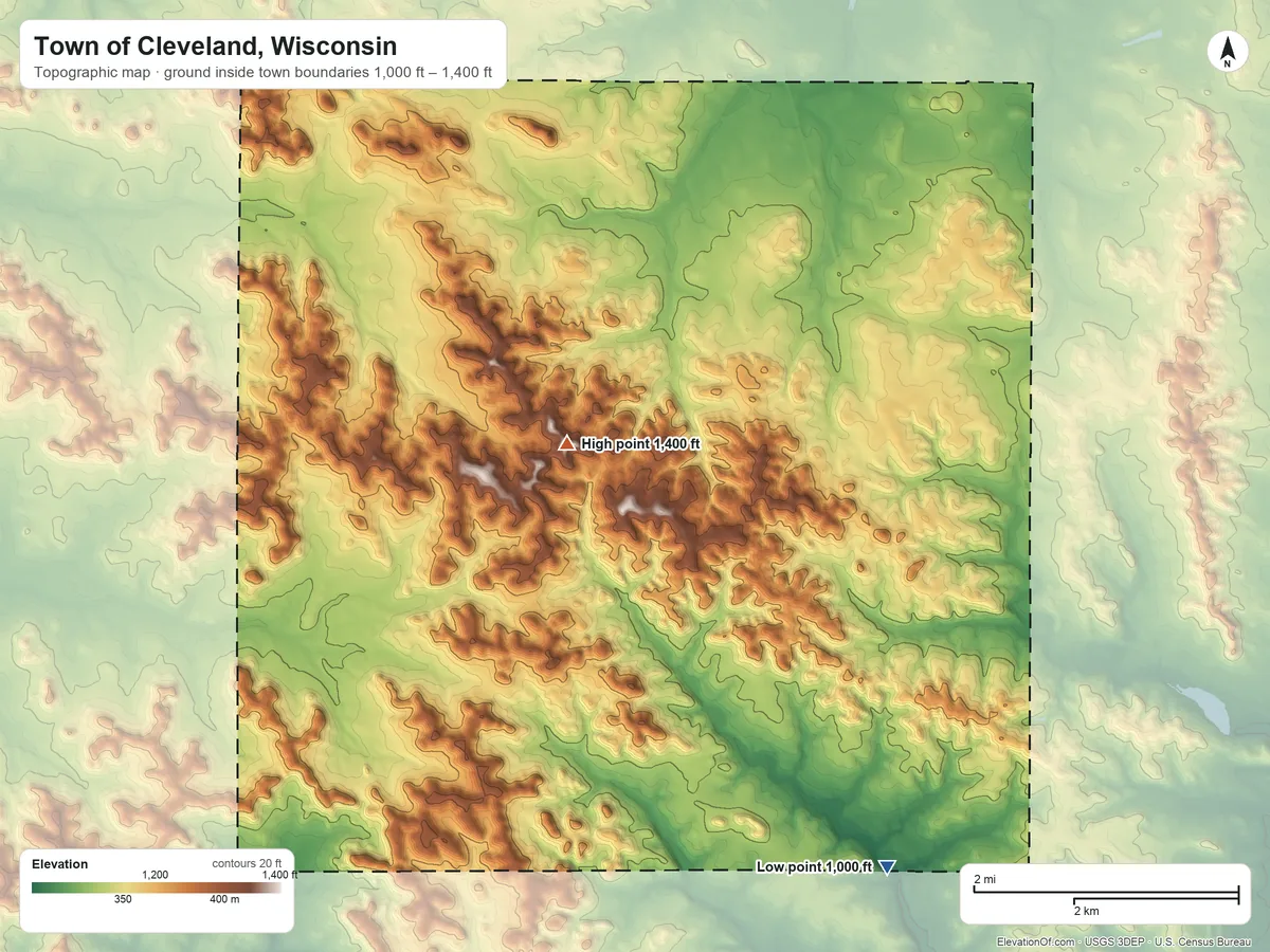 Topographic elevation map of Town of Cleveland, Wisconsin, shaded from 1,000 ft on the southeast side to 1,400 ft near the middle