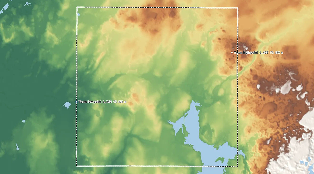 Topographic elevation map of Town of Cleveland, Wisconsin, shaded from 1,240 ft on the west side to 1,410 ft on the northeast side